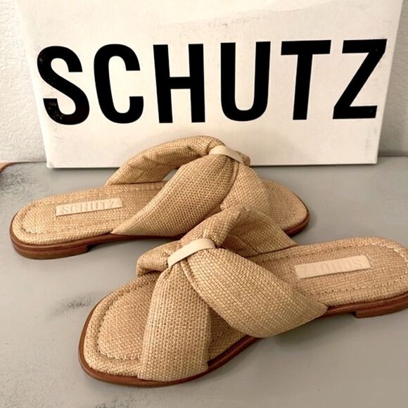NWT Schutz Natural Woven Flat Sandals - Picture 1 of 12